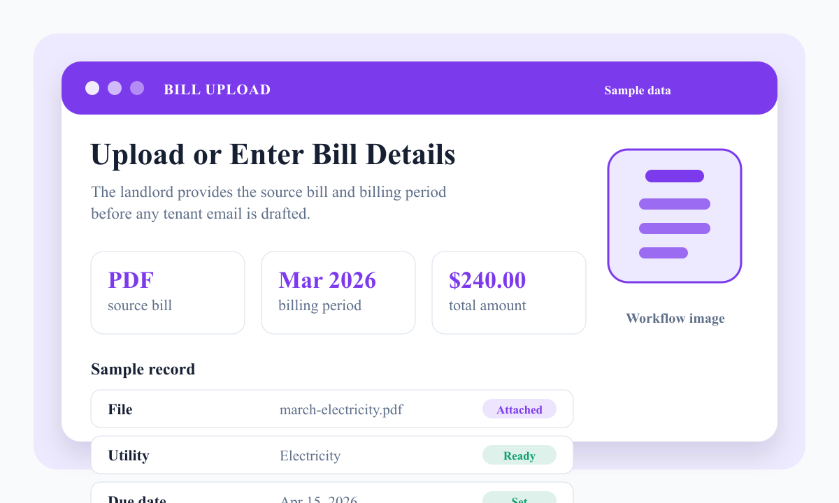 Sample SplitUtility bill upload workflow showing a source bill, billing period, utility type, and due date.